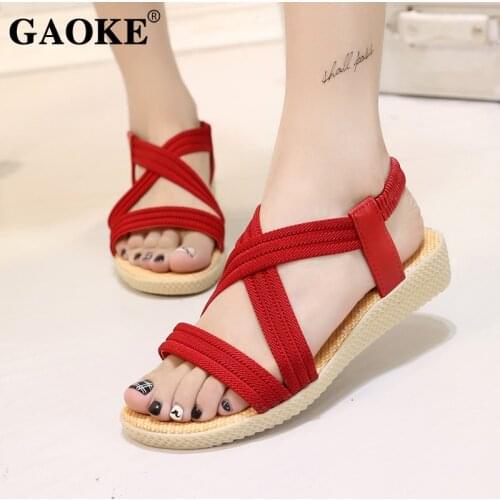 Plus Size 35-42 Women Gladiator Sandals Ladies Flat Shoes Elastic Band Summer Casual Sandalias Black Red Shoes Chaussure Femme