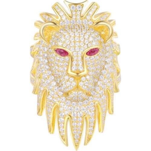 SLJELY High Quality Real 925 Sterling Silver Yellow Gold Color Luxurious Red Eyes Lion Finger Ring Pave Cubic Zirconia for Women
