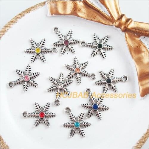 30Pcs Tibetan Silver Tone Retro Snowflake Mixed Crystal Charms Pendants 13.5x18mm