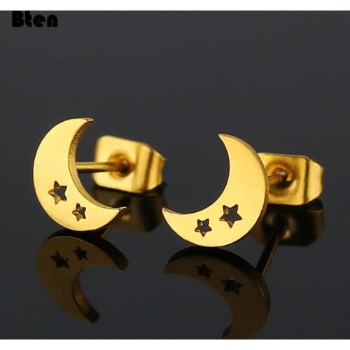 Bten Simple Moon Star Stud Earrings For Women Shine Crescent Geometric Stainless Steel Earring Party Jewelry