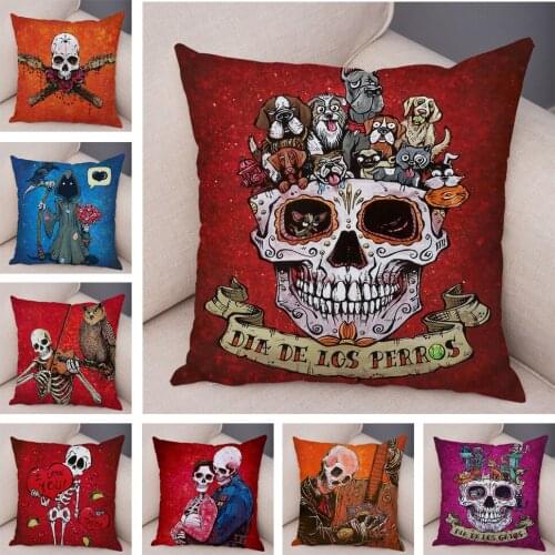 Mexico Day of the Dead Pillow Case Decor Colorful Cartoon Music Skull Cushion Cover for Sofa Home Soft Plush Pillowcase 45x45cm