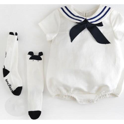 Baby Girls Navy Sailor White Clothes Lovely Bow Tie Collor Baby Polka Dot Pink Rompers Children Summer Climb Jumpsuit with Socks