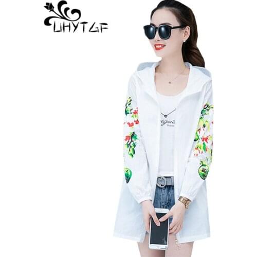 UHYTGF Womens jacket Fashion printed hooded sun protection clothing summer coats breathable loose thin tops 3XL plus size 1516