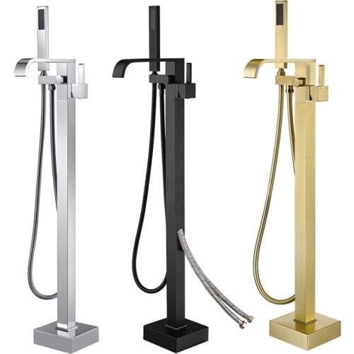 Brushed Gold Bathroom Luxury Tub Sink Faucet Floor Mount Bathtub Mixer Tap Solid Brass Set Free Standing Hot and Cold Bath