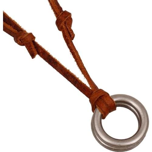 Fashion Punk Vintage Men Necklace Ethnic Alloy Retro Circle Pendants Statement Choker Long Leather Chain Adjustable Male Jewelry