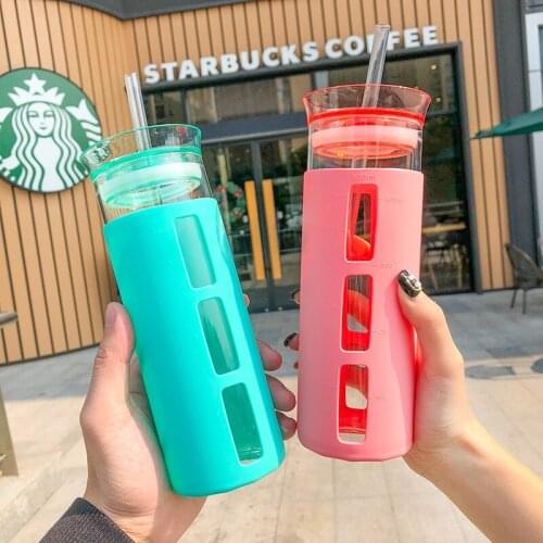Trend Candy Color Silicone Case Anti-Scald Insulation Glass Borosilicate Straw Cup Men and Women Student Cup Milk Tea Bottle