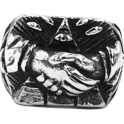 Wholesale Illuminati Pyramid Eye Handshake Ring Stainless Steel Jewelry All Seeing Eye Masonic Biker Men Ring Gifts SWR0873