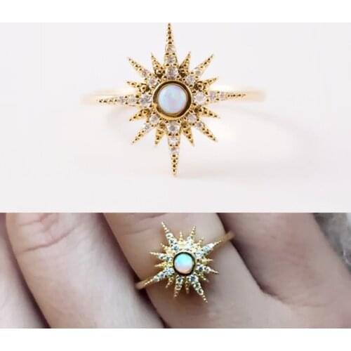 New Design Valentine Gift Sun Burst North Star Charm Rings Pave Clear Cz Opal Delicate Minimal Fashion Women Lady Jewelry