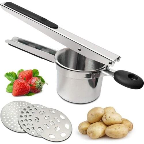 Stainless Steel Potato Ricer with 3 Interchangeable Fineness Discs Silicone Grip Handle Press Mashed Potatoes Kitchen Tools