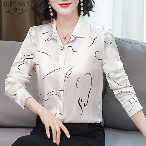 2021 New Office Lady Printing Button Cardigan Blouse Women Autumn Long Sleeve Silk Shirt Women Plus Size Ladies Clothing 10722