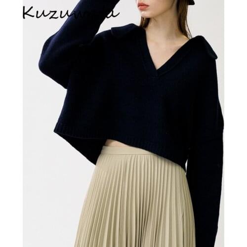 Kuzuwata 2021 Autumn Winter Women Sweaters Loose Temperament Knitted Pullover Turn Down Collar Long Sleeve Solid Short Jumper