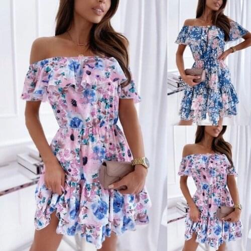 Summer floral lotus leaf casual fashion womens dress short sleeved slash neck A-line dress