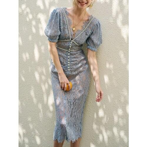 2021 Spring Summer Women V-Neck Midi Dress Slim Waist Puff Sleeve Embroideried Hot Diamonds Elegant Long Dresses With Buttons