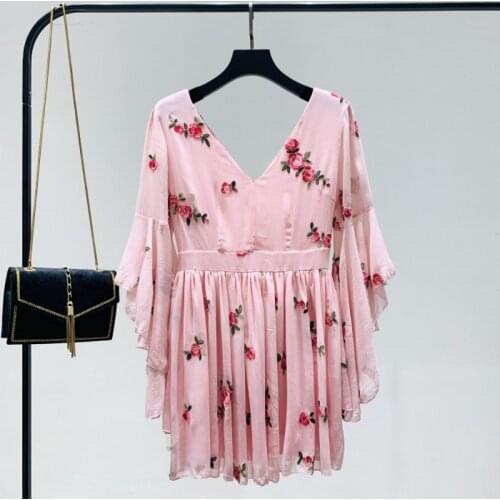 2020 Summer Sweet Bandage Flowers Embroidery Dress Women Pink Long Petal sleeve V-neck Dress Vintage Sexy Party Dresses