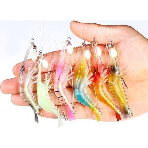 6pcs Luminous Shrimp 9cm 6g Silicon Soft Artificial Fishing Bait with Single Jig Hooks Swivels Shrimps Fishing Tackle Sea Lure