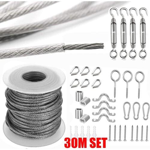 61Pcs 30M PVC Coated Stainless Steel Rope Garden Hanging Wire Light Card Head Screw Hooks Turnbuckles Sun Shade Sail Accessories