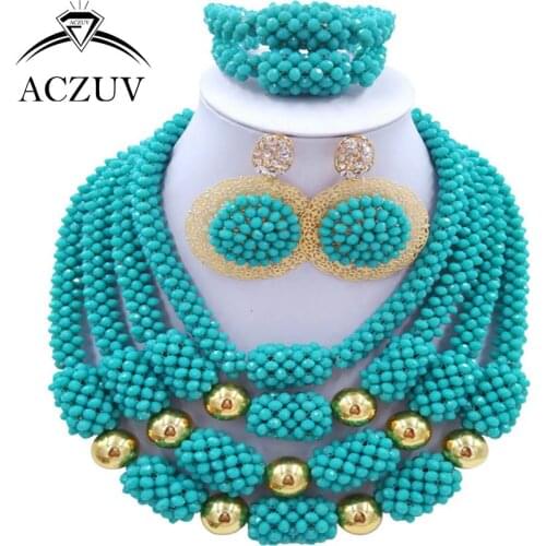 ACZUV Latest Chunky Big African Jewelry Set Aqua Blue Crystal Nigerian Wedding Beads Necklace and Earrings D4R003