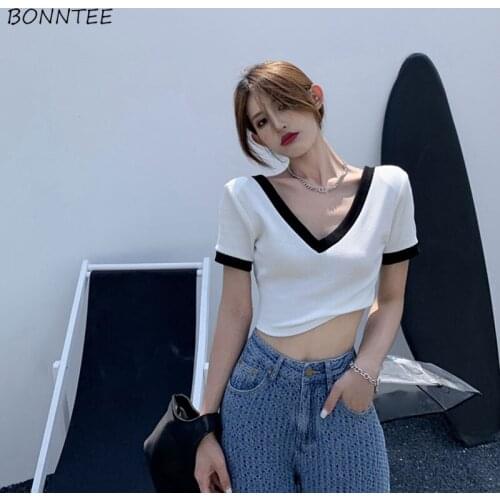 T-shirts Women Sexy Deep V-neck Slim Crop Tops Summer Korean Style Fashion Patchwork Stretchy Short Sleeve All-match Bodycon Ins