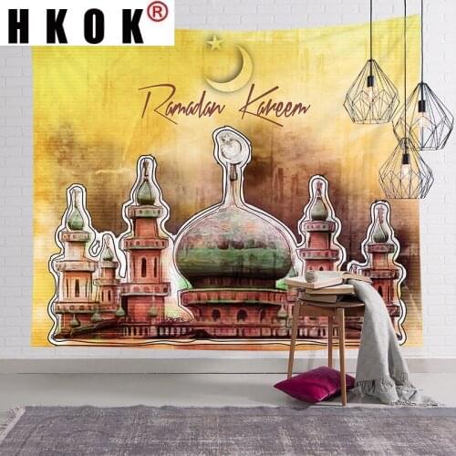 HKOK Eid Mubarak Muslim Tapestry Wall Hanging Fabric Mural Background Cloth Wall Rugs Towel Beach Blanket Dorm Living Home Decor
