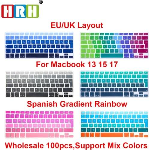 HRH Wholesale 100pcs Spanish ESP EU/UK Rainbow Silicone Keyboard Cover Keypad Skin Protector for Macbook Air Pro Retina 13 15 17