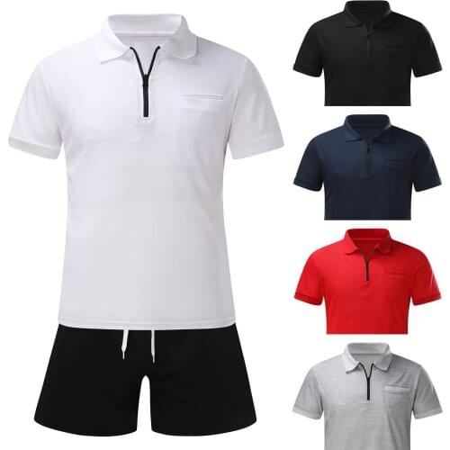 52# Solid Color Sets Chandals Hombre Men’s Summer 2-piece Beach Patchwork Short Sleeve Shirts & Shorts Pants Sets Tracksuit