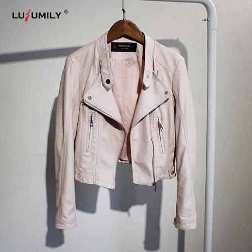 Lusumily 2021 Spring Autumn Women Fashion Biker Leather Jacket Soft Pu Punk Black Zipper Outwear Biker Faux Leather White Jacket