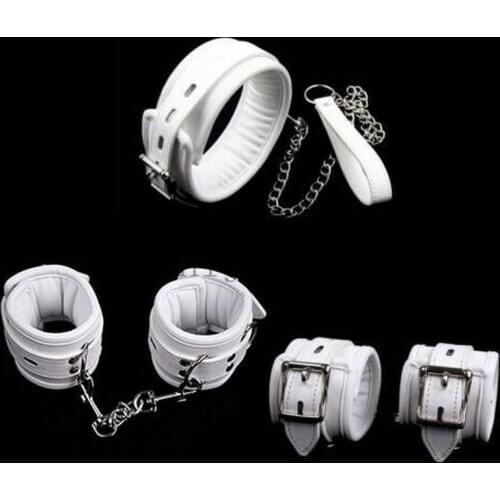 2021 Newest White Leather Handcuffs Ankle Cuffs Neck Collar Restraints Kit for BDSM Fetish Erotic Adult Games Couple Sex Product