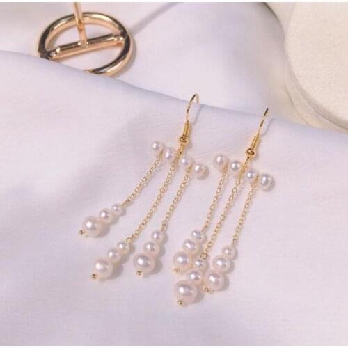 New Style Natural Pearl Earrings Favorite Balance Beam Tassel Freshwater Pearl 14K Gold Plated Dangle Earrings Wedding Lady Gift