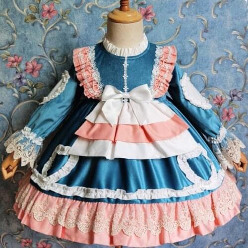 Baby girl autumn winter Spanish lolita princess dress kids lace stitching velvet Charistmas party ball gown dress
