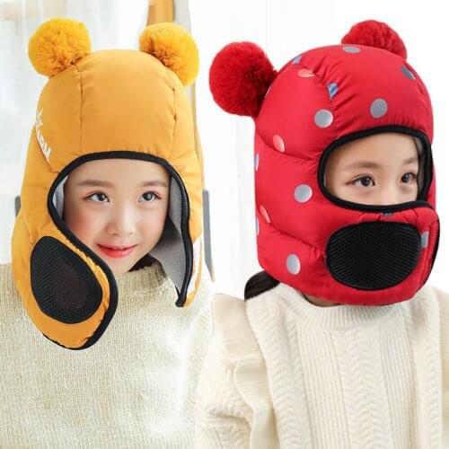 3-10 Years Kids Bib Hood Cap Autumn Winter Boy Girl Ear Protector Beanies Plush Warm Children Bomber Hat