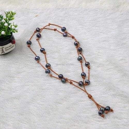 Ambrum Blue Freshwater Pearls Necklace,Handmade Beaded Y-shaped Jewelry,Long Pendant Necklace,Genuine Leather Pendant Necklace