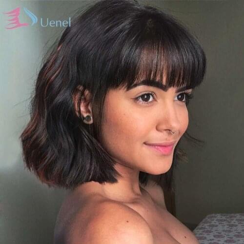 Uenel Wavy Bob Wigs with Bang for Women Black Mixed Brown Short Wavy Bob Curly Wig Synthetic Natural Looking Resistant Fiber Wig