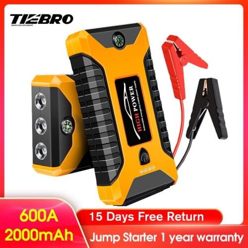 TIEBRO Car Jump Starter High Capacity 600A Starting Device Portable Power Bank 12V Starter Cables Auto Battery Booster Charger