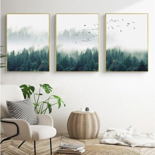 Self-adhesive Wall Stickers Vintage Fog Forest Birds Landscape Poster Wall Art Posters and Prints Pictures Home Decoration