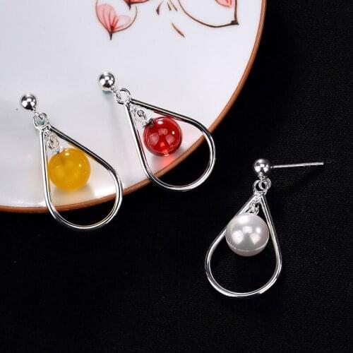2018 New silver S925 sterling silver simple water drop shaped jade chalk pearl earrings wholesale ear accessories wholesale