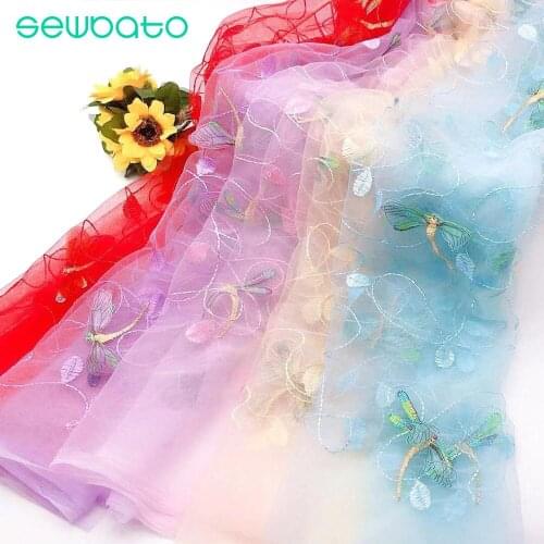 Sewbato Mesh Lace Fabric Embroidery Dragonfly Stereoscopic Hanfu Embroidery Fabric Childrens Dress Wedding Dress Fabric