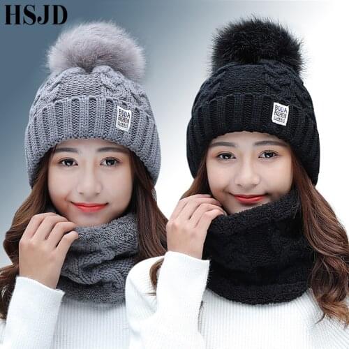 Womens winter hat Ski brand Big Fur pom poms ball Knitted hats scarf hat set Winter women Beanie Hat Warm Skullies female cap