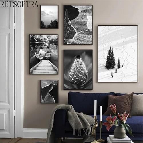 Nordic Black and White Art Poster Coconut Tree Lake Seascape Painting Plant Combination Painting Living Room Hotel Wall Decor