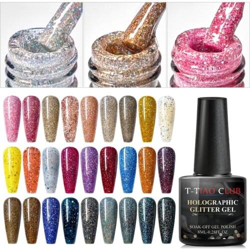 T-TIAO CLUB 8ml Gel Nail Polish Glitter Gel Holographic Colorful Shine Soak Off UV Gel Varnish Long Lasting Nail Art Design Gel