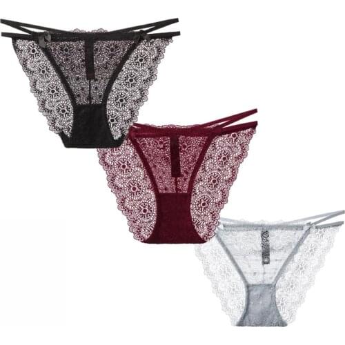 BANNIROU Sexy Lace Briefs Panties Woman Underwear Breathable Female Double Strap Panties New Underwear For Women M-XXL 3 Pcs