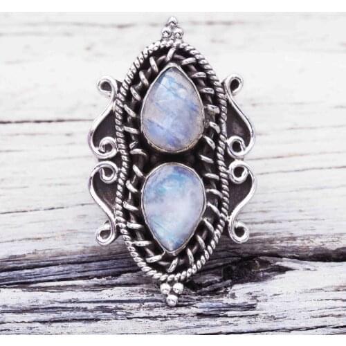 Vintage Rings For Women Antique Tibetan Silver Water drop Crystal Ring Bohemia Indian Jewelry Moonstone Ring Girls Ladies Gifts