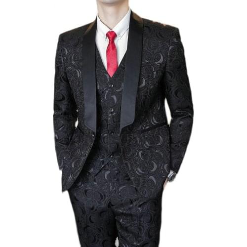 High Quality Black Floral Groom Wedding Tuxedos Slim Fit Mens Suits Shawl Lapel One Button Prom Party Best Man Blazer 3 Pieces