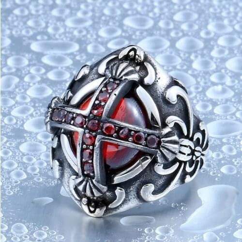 High Quality Metal Vintage Punk Crusader Templar Red Crystal Rhinestone Cross Ring Men Religious Style Rock Party Jewelry