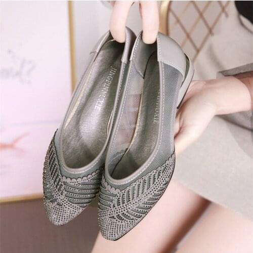 2021 Rhinestone Women Shoes Soft Genuine Leather Female Shoes Women Pointed Shallow Shoes Square Heel Ladies Party Shoes