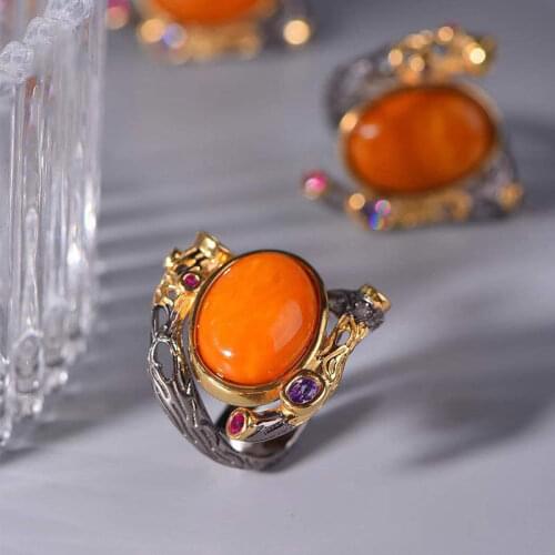 Inspired design silver diamond natural Hetian jade orange red oval ring strange retro ladies jewelry engagement accessories
