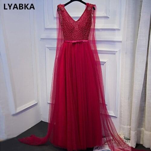 Evening Dress Robe De Soiree V-neck Burgundy Tulle With Appliques Evening Dresses Long Dress 2019 New Design Vestido De Festa