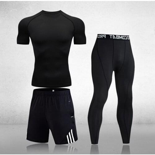 Winter pure black 3-piece thermal underwear suit mens quick-drying long + short sleeve suit mens warm fitness sports suit