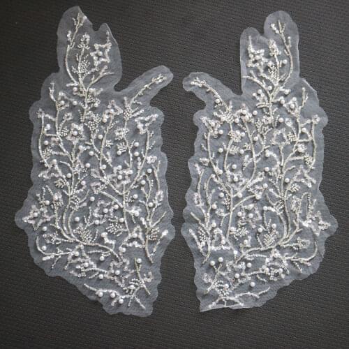 1pair luxury beaded embroidery lace appliques for wedding dresses Rhinestone lace applique patches Embroidery lace parches ropa