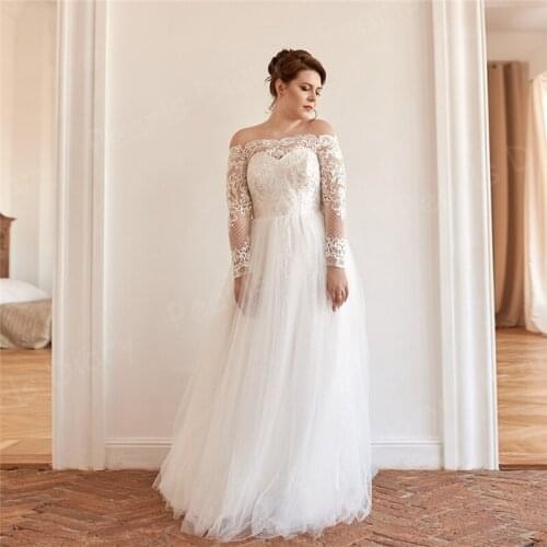 2021 Boat Neck Wedding Dress Plus Size Sexy Long Sleeves Lace Appliques A Line Bridal Gowns Vestido De Noiva Bead Bride Dress