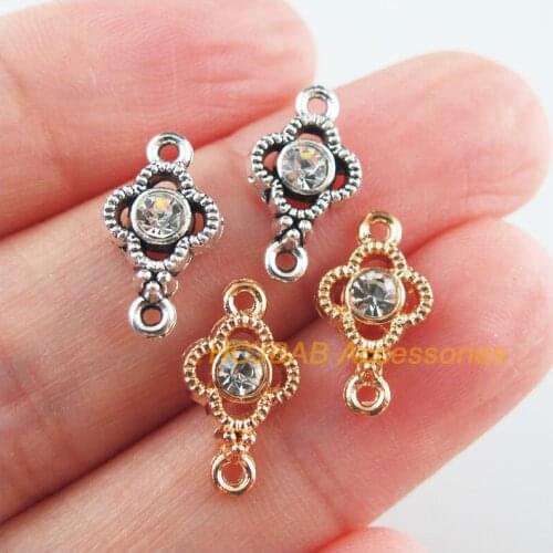 35Pcs Retro Gold Tibetan Silver Tone Clover Clear Crystal Charms Connectors 8x15mm
